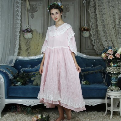 Long Nightgown Vintage Nightdress Women Pink Sleepwear Dress Homewear Plus Size Nightgowns Ladies Princess