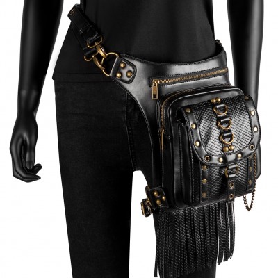 Steampunk Waist Bags Vintage Women Black Leather Street Style Mini Motorcycle Leg Thigh HolsterBag Crossbody Bag