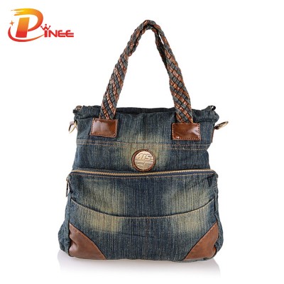 Vintage Denim Shoulder Handbags New Denim Bags for Women Patchwork Kntting Handle Tote Bag Ladies Messenger Bag Vintage Shoulder Bag