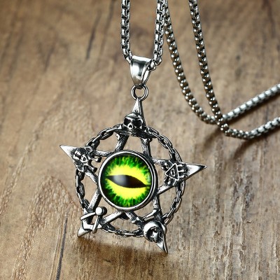 Punk Green Evil Cat Eye Five-pointed Star Pendant Necklace for Men Stainless Steel Skull Chain Halloween Male Bike Jewelry 24