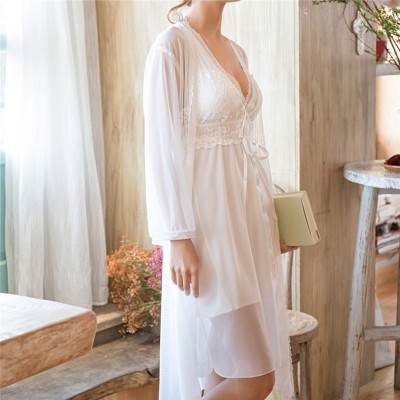 Sexy Robe Set Silk Dressing Gown White Lace Bathrobe Peignoir Sets Negligee Ladies Nighties Gown Women Set Sleep Clothes