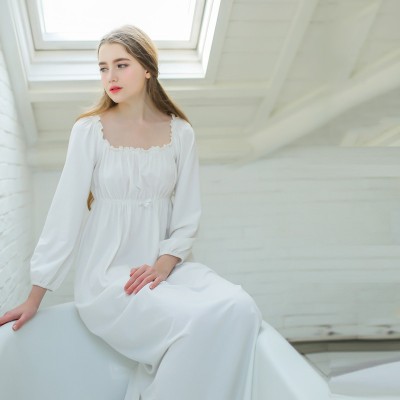 White Long dressing gown Cotton Nightgowns Women Sleep Lounge Square Collar long-sleeved Elegant Lady Home Cloth Simple design
