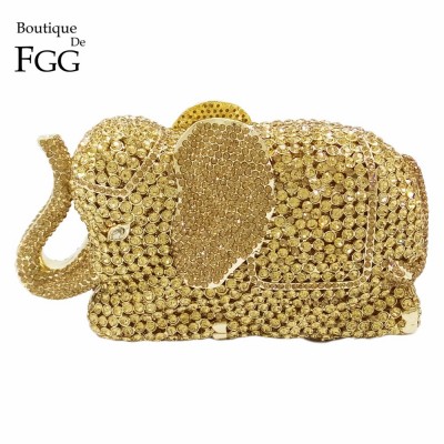 Womens Elegant Golden Elephant Crystal Evening Clutches Shoulder Handbags Metal Hard Case Bridal Animal Wedding Clutch Purses 