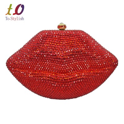 Sexy Bag Stylish Diamond Evening Bag Sexy Red Lips Crystal Evening Bag Gold metal Party Purse Bride Wedding Handbag with Chain bag