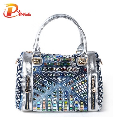 Rhinestone Handbags Designer Denim Handbags Diamond Denim Messenger Bag Lady Knit Bag Leather Women Handbags