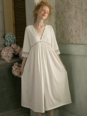 Summer Sexy Nightgown Women V-neck Lady Sleepwear Dress Woman Retro Cotton Nightdress INS Fashion Dressing gown
