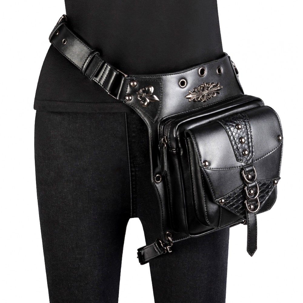 Punk Gothic Rivets Motorcycle Bag Women Men Steampunk Chain Belt Waist Bag Moto Biker Shoulder Messenger Bag Chest Pack