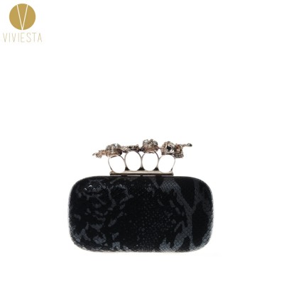 SKULL AND SWORD KNUCKLE RING CLUTCH - 2014 Womens Gothic Satin Punk Brass Knucklebox Box Banquet Evening Party Chain Purse Bag 