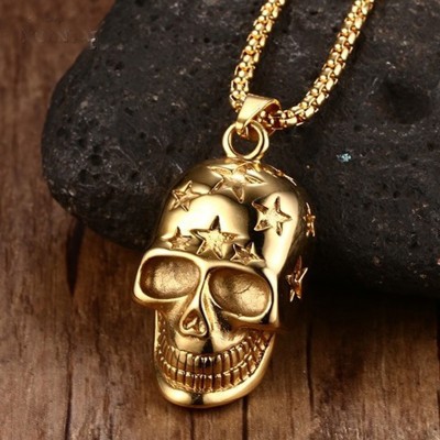 Mens Necklace Gold-color Punk Rock Gothic Skull Pendant Necklace Stainless Steel Men Vintage Skeleton Hiphop Bike Jewelry 24