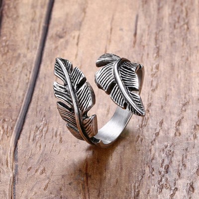 Men Ring Stainless Steel Vintage Feather Wrap Punk Bike Black Silver color Fashion Jewelry Anel Aneis