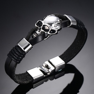 Mens Punk Black Leather Bracelet Stainless Steel Gothic Skull Bracelets  Bangles Cuff Bangle Men Fashion Jewelry pulseira 8.5