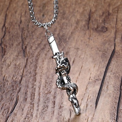 Mprainbow Mens Necklaces Antique Stainless Steel Samurai Dragon Sword Vintage Men Pendants Necklaces for Men Silver Tone Vintage