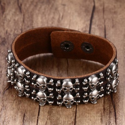 Mens Punk Leather Bracelets 2 Row Skull Head Crossbone Heavily Metal Style Wristband Cuff Bracelet Men Adjustable Jewelry