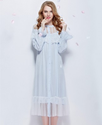 Nightgown Lace Bathrobe Round Neck long-sleeve Sleepwear Queen Sleeping Dress Stargirl&#39;s Bedgown Ankle-Length sleep wearing