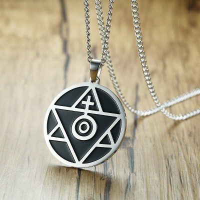 Unique Sun Cross Triangle Spiritual Belief Pendant Necklace for Men Stainless Steel Male Jewelry 24 Inch