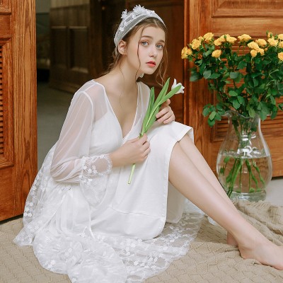 White Lace Robe Set Long Robe Spring Summer Lace Sexy Sleepwear Robes  Princess Night Robe Lace Lace