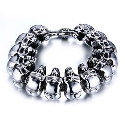 Mens Skull Links Chain Bracelet in Silver Color Stainless Steel Large Heavy Gothic Punk Bike Jewelry Pulsera Pulseras bileklik