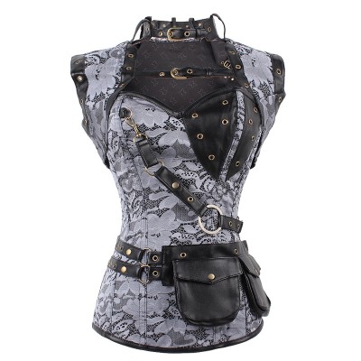 Freee Shipping Vintage Silver Brocade Steampunk Corset and Jacket  Waist  Women Gothic Bustier