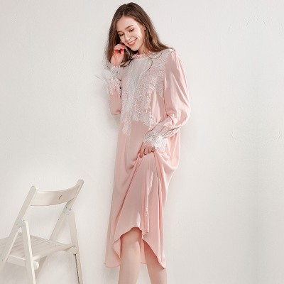 Long Nightgown Vintage Pink Long Sleeve Night Dress Sleepwear Casual Sleep Lounge Suit Home Clothing Women Viscose Nightdress