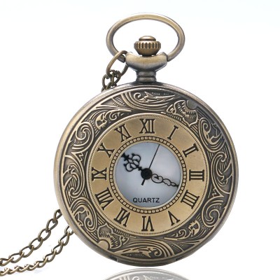Antique Vintage Bronze Roman Number Necklace Quartz Pocket Watch Chain P08 birthday gift
