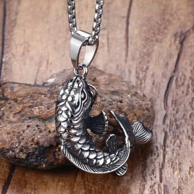 Mens Goldfish Hooked 3D Koi Fish Pendant Necklace in Stainless Steel Mythical Ocean Jewelry Collares Collier Colar