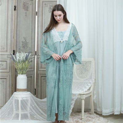 Lace Robe Gown Set Women Long Nightgowns Vintage Sleepwear Elegant Loose Robe Set European Classical Robes Pretty Ladies Gift