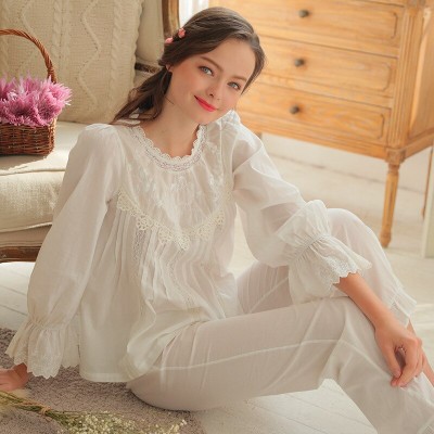 Sleep Lounge Women Pajama Set Plus Size Summer Autumn Long White Cotton Lingerie Two Pieces Sleepwear Pijamas De Las Mujeres