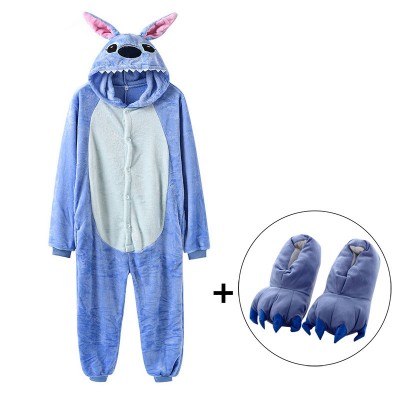 Stitch Onesies With Slippers Kigurumi Adult Women Men Blue Cute Animal Pajama Suit Jumpsuit Carnival Party Funny Anime Outfit