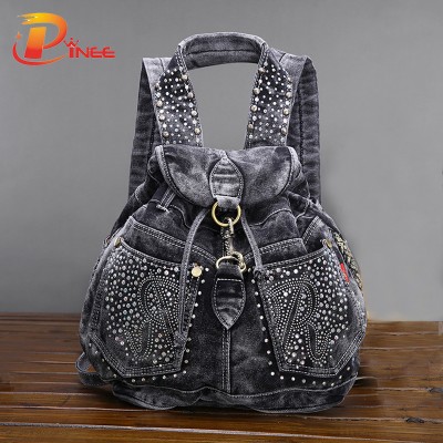 American apparel denim Backpacks Women's Shoulder Bag Vintage Causal Travel Bags black blue denim backpack