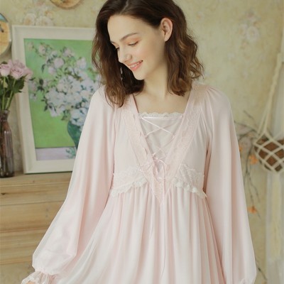 Women Vintage Night Gown Pink Long Dress White Lace Sleepwear Elegant Homewear Night Dress Long Sleeve Pregnant woman Nightgown