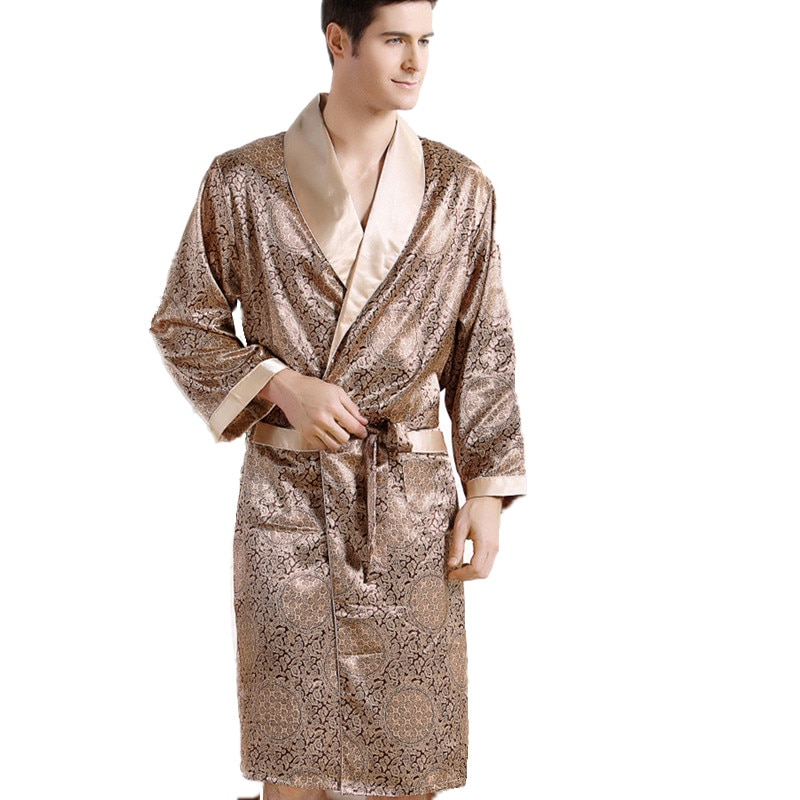 Men Silk long-sleeved Bathrobe Plus Size 5XL kimono Home Bath Gown Male ...