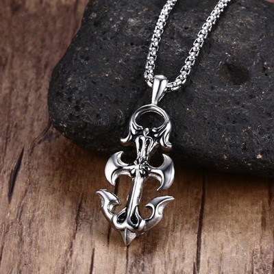 Fashion Men Necklaces Jewelry Vintage Gothic Mens Necklace 60cm Chain Stainless Steel Anchor Pendant Necklace,Silver-color