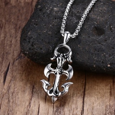 Fashion Men Necklaces Jewelry Vintage Gothic Mens Necklace 60cm Chain Stainless Steel Anchor Pendant Necklace,Silver-color
