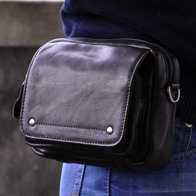 Leather Fanny Pack Oil Wax Cowhide Genuine Leather Fanny Waist Pack Men Casual Hip Belt Cell Phone Case Purse Black Small Messenger Shoulder Bag