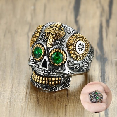 Mens Mexican Sugar Skull Ring Punk Green Eyes Gold Teeth Rings with Gothic Cross for Men Stainless Steel Biker Male Jewelry