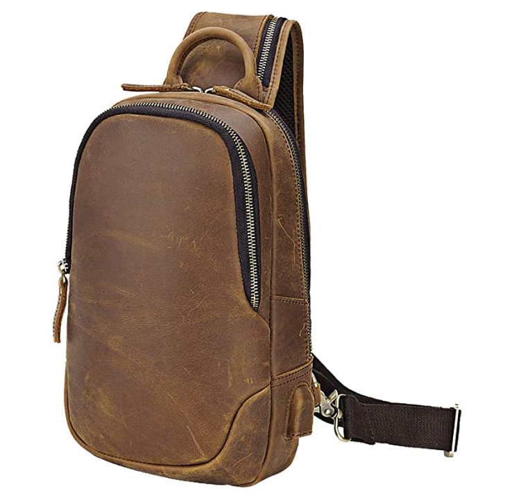 Mens Leather Sling Bag Vintage Chest Shoulder Bags Casual Crossbody Backpack with USB Charging Port