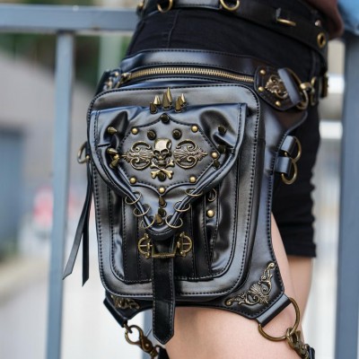 Black Steampunk Hip Bag – Gothic Punk PU Leather Belt Bag, Cosplay Crossbody Shoulder Bag, Halloween & Birthday Gift