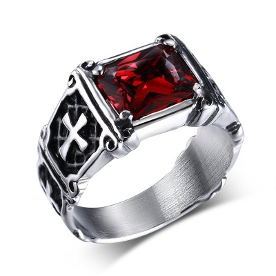 Mprainbow Vintage Mens Rings Stainless Steel Red Large Crystal Dragon Claw Cross Ring Band Gothic Biker Knight Punk Jewelry 2019