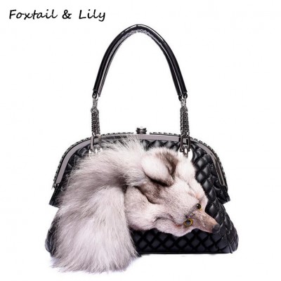 Foxtail Lily Genuine Fox Fur Bag for Women Quilted Chain Bag Real Leather Sheepskin Shoulder Crossbody Handbags