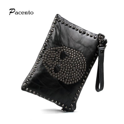 2019 Women Messenger Bags Genuine Leather Famous Brands Skull Punk Clutch Purse Ladies Envelope Evening Clutches Party 