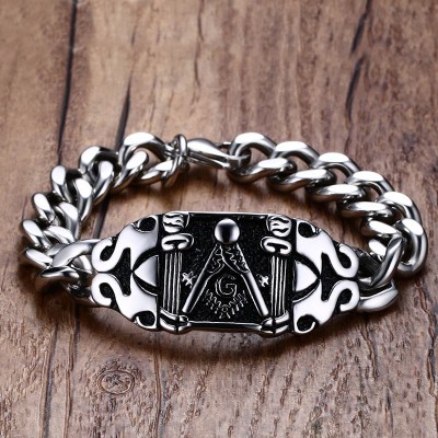 Mens Freemasons Bracelets 316L Stainless Steel Vintage Silver Black Curb Chain Biker Punk Masonic Symbol For Men Jewelry 21CM