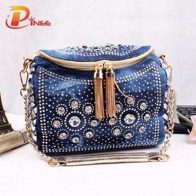 Rhinestone Handbags Designer Denim Handbags Fashion Blue Denim Jean Bags Bling Fashion Small Bag with Tassel Shoulder Bag with Rhinestone Lady Denim Women Handbags