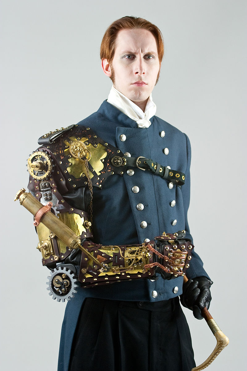 what is Steampunk:author-g.-d.-falksen-wearing-a-steampunk-styled-arm-prosthesis-created-by-thomas-willeford-exemplifying-one-take-on-steampunk-fashion