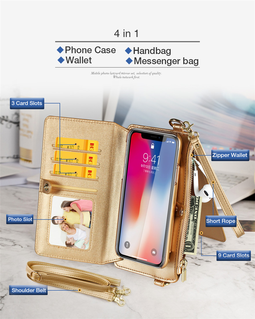 Golden Purse and Phone Case Bag Multi-function Phone case Messenger Bag for Iphone 6/6s/6 plus/6s plus/7 plus/8 plus/ 7/8/x Samsung s8/s8 plus Cell Phone Bag with Shoulder Strap Small Phone Bag Cell Phone Pouch Purse Purse with Phone Holder