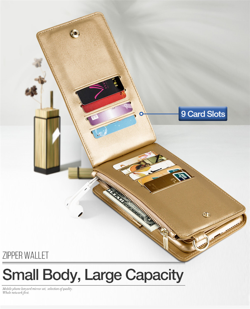 Golden Purse and Phone Case Bag Multi-function Phone case Messenger Bag for Iphone 6/6s/6 plus/6s plus/7 plus/8 plus/ 7/8/x Samsung s8/s8 plus Cell Phone Bag with Shoulder Strap Small Phone Bag Cell Phone Pouch Purse Purse with Phone Holder