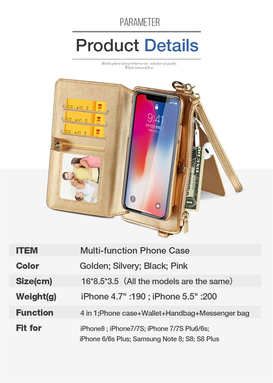 Golden Purse and Phone Case Bag Multi-function Phone case Messenger Bag for Iphone 6/6s/6 plus/6s plus/7 plus/8 plus/ 7/8/x Samsung s8/s8 plus Cell Phone Bag with Shoulder Strap Small Phone Bag Cell Phone Pouch Purse Purse with Phone Holder