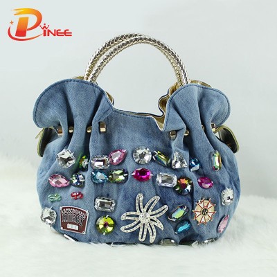 Rhinestone Handbags Designer Denim Handbags New Women Denim Bags Sweet Blue Pattern High Quality Handbags With Diamond Ladies Tote Bag Messenger Bags