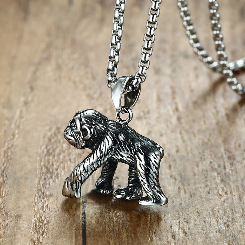 Mens Gorilla Pendant Necklace in Silver Stainless Steel Great Ape ...