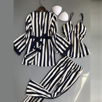 Women Pajamas Sets 3 Pieces Fashion Spaghetti Strap Tops Satin Sleepwear Female Stripes Long Sleeve Summer Home Clothing Pijama