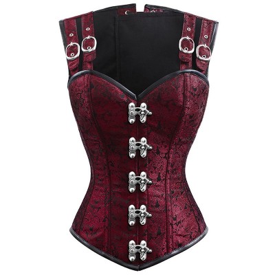 Steampunk Corset Black Wine Red Adjustable Straps Buckle Brocade Korse Gothic Women Slimming Waist 12 Steel Boned Corset Sexy